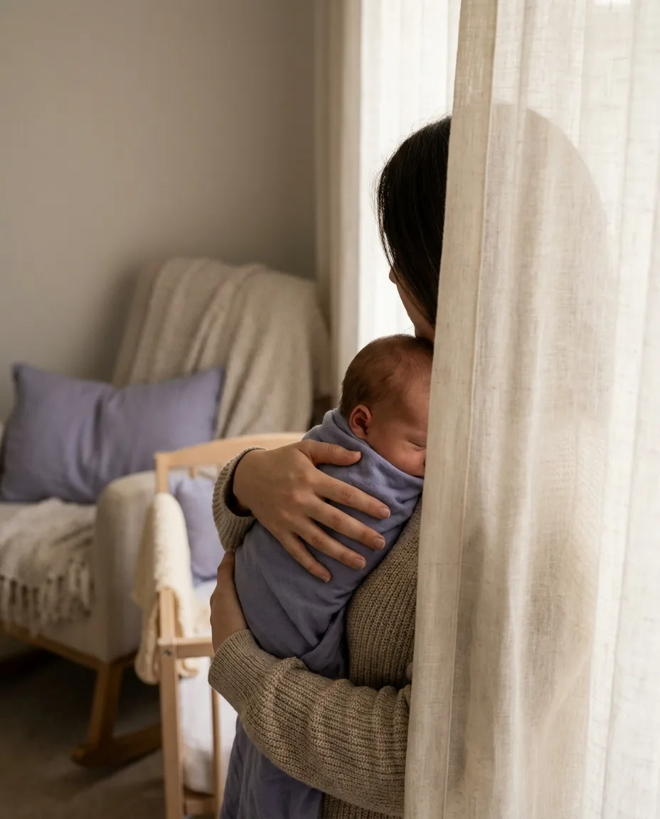 A parent gently holding their sleeping newborn in soft morning light